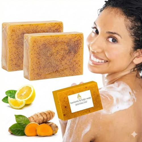 Turmeric Soap Bar with Kojic Acid 2PCS, Natural Face & Body Cleanser for Dark Spots and Hyperpigmentation, Exfoliating Soap with Vitamin C, Tea Tree Oil, Shea Butter