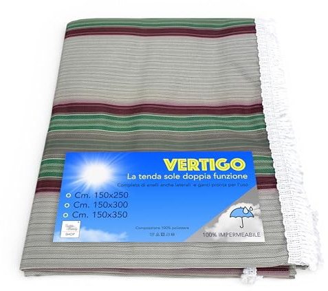 Vertigo Tex Family Toldo Vertical de Sol para Exterior Jardín y Balcón, Impermeable e Hidrorrepelente, 100% Poliéster, Ojales de Acero, con Flecos – 150 x 250 cm – Rayas Verde y Burdeos
