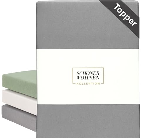 SCHÖNER WOHNEN Topper Spannbettlaken 180x200cm Anthrazit bis 200x200cm - Luxus Topperbettlaken aus Jersey-Baumwolle Öko-Tex Bed Sheets - für Flache Matratzen 5-15 cm hoch - Spannbetttuch 180 g/m²