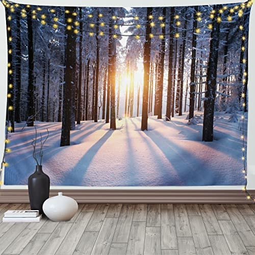 ABAKUHAUS Wald Wandteppich und Tagesdecke, Sonnenuntergang an der Winterzeit aus Weiches Mikrofaser Stoff Waschbar ohne Verblassen Digitaldruck, 230 x 140 cm, Braun Weiß