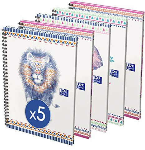 Oxford GO Boho B5 Spiral Notizbuch kariert, je 120 Seiten, Softcover, 4 Motive, 5 Stück