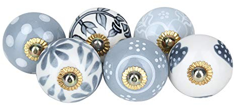Möbelknöpfe grau und weiß - Keramik knöpfe, 6er-Set, Punkte Blumenform Vintage handgefertigte Küchenschublade runder Türknauf
