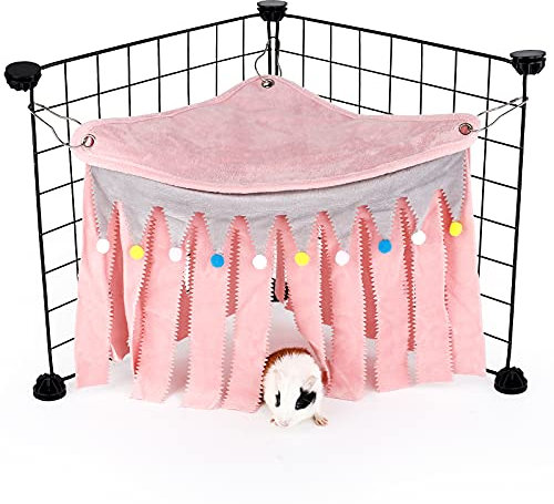 ONEJU Meerschweinchen Versteck, Meerschweinchen Eckversteck, dreiseitige Fransen, dreieckiges Oberteil und waschbare, geeignete Verstecke für Kleine Haustiere, Keine Metallzäune, Rosa