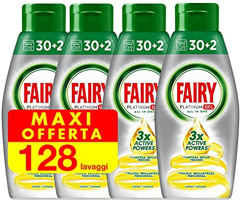 Fairy Gel Detersivo Lavastoviglie - 128 Lavaggi - 4 bottiglie da 32 lavaggi - Limone