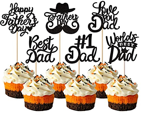 Xsstarmi 24-Pack Happy Father's Day Cupcake Toppers Glitter Worlds Best Dad #1 Dad Love Father Cupcake Picks Cake Decorations for Father's Day and Birthday Themes - Black