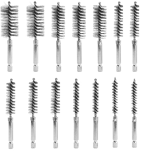 14 Pieces Wire Tube Cleaning Brush with Handle 1/4 Inch Hex Shank, Twisted Wire Stainless Steel Bore Brush Set in Different Sizes for Power Drill Impact Driver Cleaning