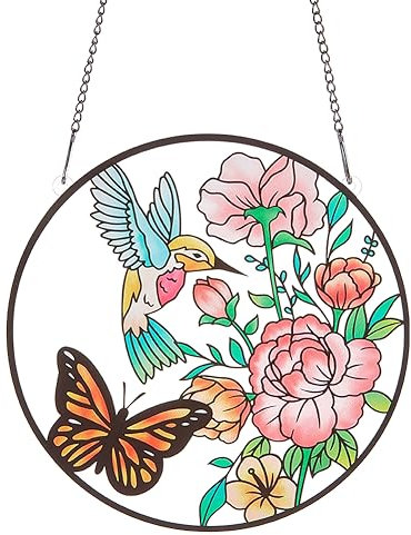 PLIGREAT Kolibri-Schmetterling Gebeizter Sonnenfänger Fenster Kunstbehang Ornament, Handbemalte Bunte Blumen Acrylglasscheibe Kunsthandwerk Garten-Sonnenfänger Für Heimdekoration Einweihungsgeschenk