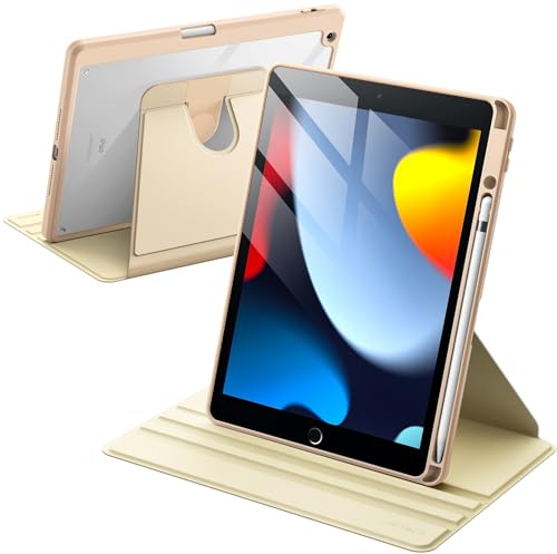 JETech Funda Giratoria para iPad 9/8/7 (10,2 Pulgadas, 2021/2020/2019 Modelo, 9.ª/8.ª/7.ª Generación) con Portalápiz, Carcasa Trasera con Rotación de 360 Grados Soporte Cover (Beige)