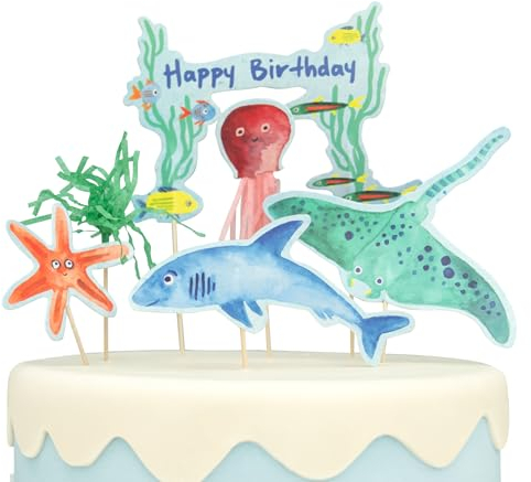PARTY PARTY Unterwasser Tortendeko mit HAPPY BIRTHDAY Banner, Meerestiere Cake-Topper-Set 6 Teile, Kuchendeko Fische Deko Ozean Geburtstag, Mädchen Junge