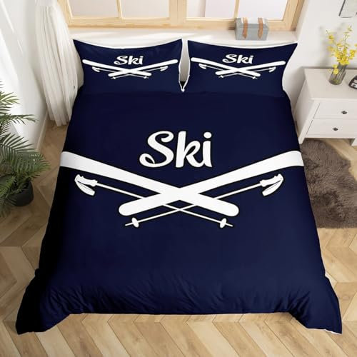 Homewish Ski Thema Bettwäsche Set Ski Sport Dekor Bettbezug,Cool Speed Wintersport Tröster Abdeckung 200x200 für Skier Teens Jugendlicher Junger Mann,Navy Blue White Ski Snowboard Bettdecke Abdeckung