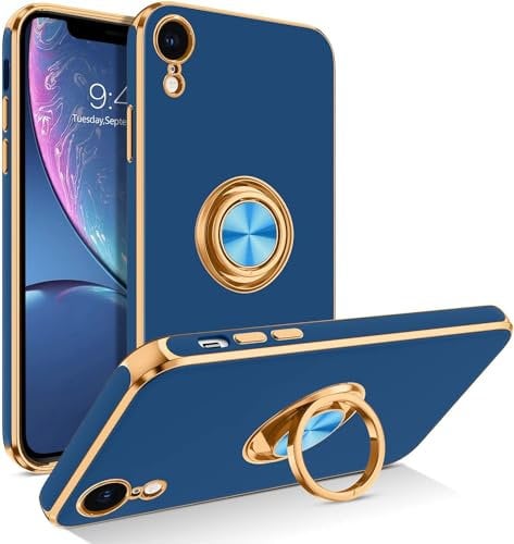 Elexal iPhone XR Silicone Case for Women Girls iPhone XR Phone Case with Ring Holder 360° Kickstand Slim Luxury Bling Plating Soft TPU Anti-Scratch Shockproof Bumper Phone Case for iPhone XR - Blue