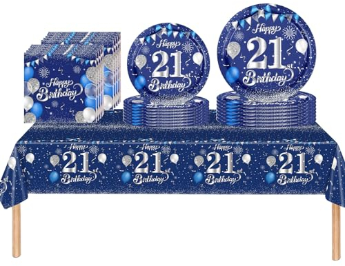 53Pcs Navy Blue and Sliver Happy 21st Birthday Party Tableware Set Plastic Table Cloth,Paper Plates Napkins 21st Birthday Table Decorations Disposable Tableware Kit for Man Men Him 21st Birthday Party