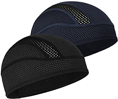 MELASA Cooling Fahrradmütze Unter Helm, Mech Atmungsaktive Helmet Liner Skull Cap, Fahrradhelm Mütze Laufmütze Sport Funktionsmütze für Männer Frauen, Passt unter Helme(Schwarz & Dunkelblau)