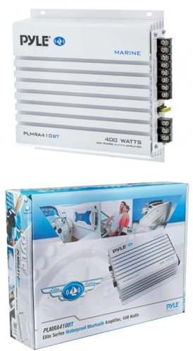 KIT SET PER PYLE PLMRA410BT 1 amplificatore marino a 4 canali, classe ab, 4 x 100 watt max, waterproof, connettività bluetooth 2.1, per piscina, imbarcazioni, barca, 1 pezzo + cavi omaggio