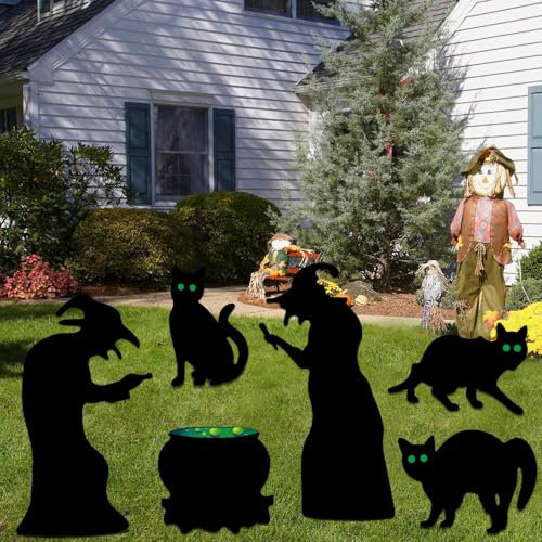 GreenYeah 6 Stück Halloween Hexen Silhouette, Hexen Silhouette Hof Schilder Halloween, Gruselig Schwarz Silhouette, Hexen Schwarze Katze Silhouette, Halloween Deko Outdoor Garten