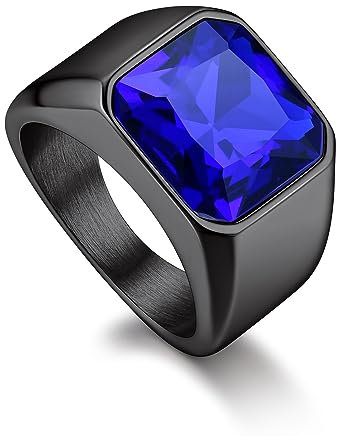 Bandmax Ring Schwarz Siegelring Größe 62mm Edelstahl Herren Ringe mit blauem Stein 12MM breit Bandring Freundschaftsring Accessoires für Geburtstag Herren Schmuck