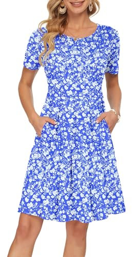 AUSELILY Womens Summer Dress Casual Bodycon Short Sleeve Pleated Loose Swing Casual Dress with Pockets Knee Length Blue Flowers M