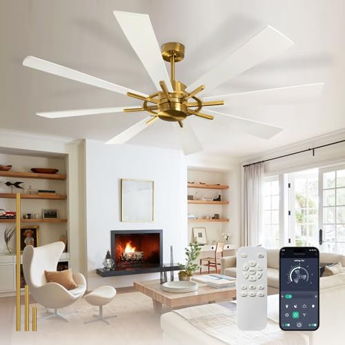 Depuley 152CM Deckenventilator ohne Licht: Leise Deckenventilator mit Fernbedienung und APP für Garten - Groß Deckenventilator, Reversibler DC, Timer für Schlafzimmer, Wohnzimmer, Weiß und Gold