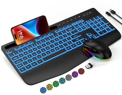 Wireless Keyboard and Mouse Set, 7 Colored Backlit, Wrist Rest, Rechargeable Ergonomic Keyboard with Phone Holder, Silent Lighted Full Size Combo for Windows, Mac, PC, Laptop-SABLUTE (Black)
