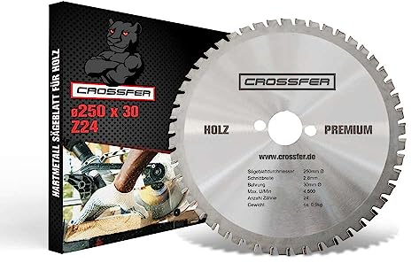 Kreissägeblatt für Holz | Premium Qualität HM Kreissägeblatt | Hartmetall Kreissägeblatt für die Holzverarbeitung | CROSSFER® (Ø250 x 30 (Z24))
