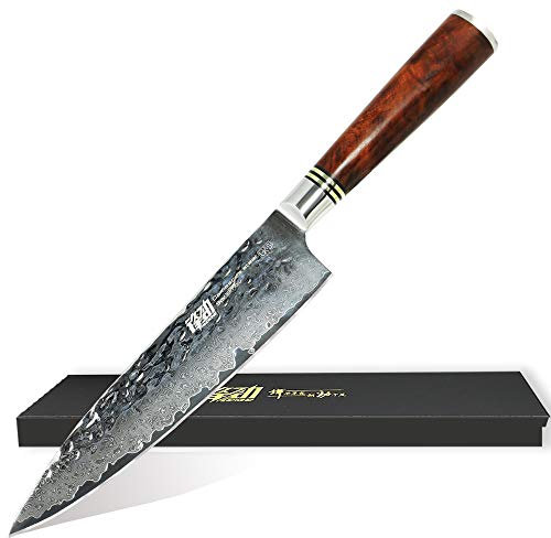 UK-S Art® Damast Küchenmesser 20 cm Klinge, Hammerschlag-Oberfläche, 67 Lagen, Wurzelholz-Griff