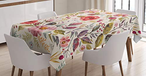 ABAKUHAUS Bunt Tischdecke, Abstrakte Blumen Rosen, Personalisierter Druck Klare Farben ohne Verblassen Waschbar für Außen Bereich, 140 x 200 cm, Beige Rot Grün