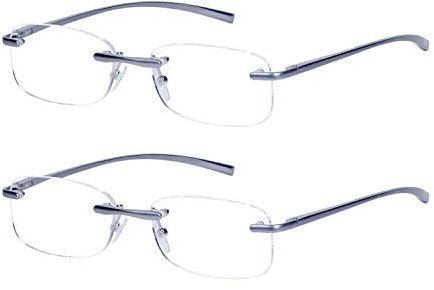 JoXiGo 2-Pack Sin Montura Gafas de Lectura +2.5 Hombres y Mujeres Patillas Metálica Lente Transparente con Funda, +2.5(60-64 años)