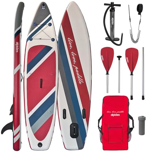 ALPIDEX Stand Up Paddle Set SUP 320 x 76 x 15 cm max. belastbar bis 200 kg Aufblasbar Stabil Leicht Komplett Set Tragetasche Paddel Finnen Luftpumpe Leash Repair Kit, Farbe:Fire