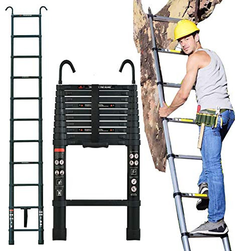 Telescopic Ladder w/Hook 3.2M/10.5FT Extension Folding Foldable - Multi Purpose Ladder Soft Close Aluminum DIY Single Straight Style Climb Attic Ladder Extendable Steps 330Lb Load
