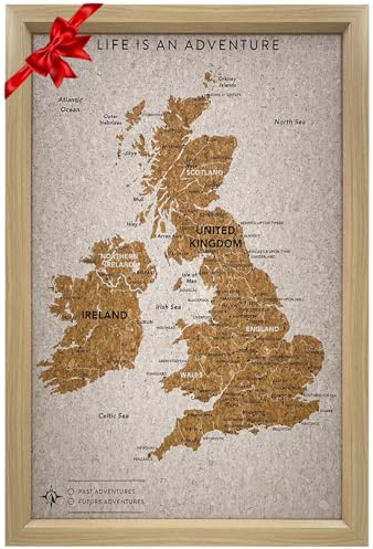 Splosh Travel Map - UK Map Pin Board, Wooden Frame. Personalise with 100 Pins in 2 Colours, Mark Past & Future Adventures