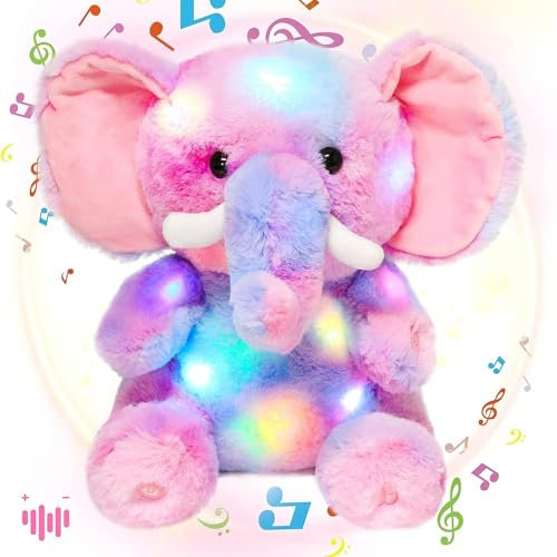 Hopearl Bunt LED Musical Plüsch Elefant Leuchtet Singendes Plüsch Elefisch Lautstärkeregulierung Schlaflied Animierte Beruhigung Geburtstagsfest für Kinder Kleinkinder, Regenbogen, 28 cm