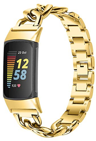 AISPORTS Edelstahl Armband Kompatibel mit Fitbit Charge 5 Armband Damen Herren, Solide Verstellbare Cowboykette aus Edelstahl Sport Armband Metallschnalle Armband Ersatzarmband für Fitbit Charge 5