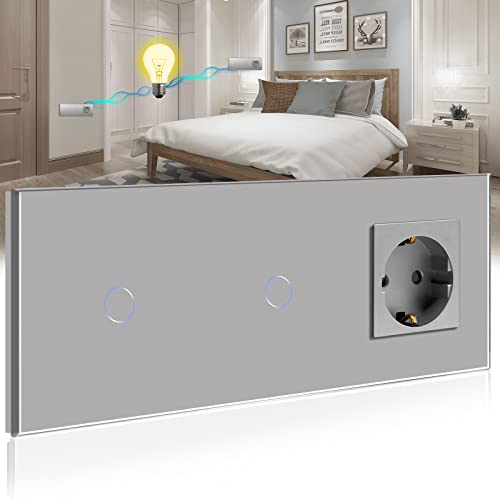 BSEED Touch Lichtschalter mit Schuko Steckdose mit LED Anzeiger doppelte 1 Fach 2 Wege Glas Lichtschalter mit eine Wandsteckdosen Grau 228mm