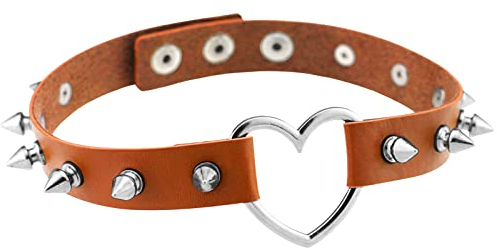 JewelryWe Schmuck Damen Choker Leder Halsband Gothic Punk Lolita Herz Spike Nieten Sklave Kragen Halskette 34-38cm Erstellbare Collier Kette, Braun