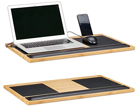 Relaxdays 2 x Laptoptisch, Knietablett, Laptop Unterlage, 2 Mousepads, Smartphone Halterung, BxT: 60 x 40 cm, Bambus, Natur