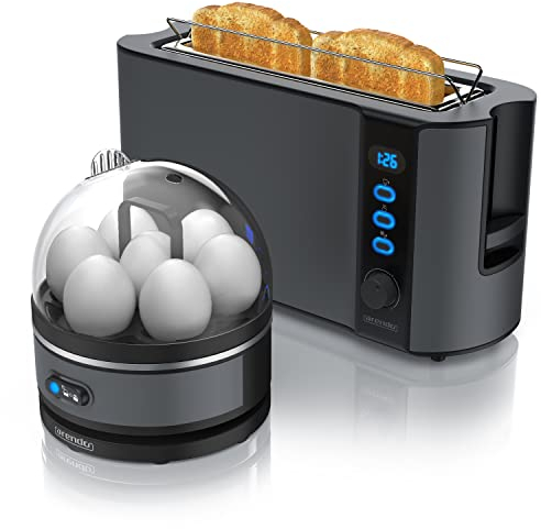 Arendo - SET Toaster FRUKOST mit Eierkocher SEVENCOOK Edelstahl Grau, Toaster 2 Scheiben, LED-Display, 6 Bräunungsgrade, Brötchenhalter - Eierkocher 1-7 Eier, Messbecher