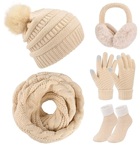 Vijamiy Mütze Schal Handschuhe Set Damen,Ohrenwärmer Und Wintersocken Winterset Touchscreen Handschuhe Wärme Winddicht Pudelmütze Geschenke Für Frauen(Khaki)