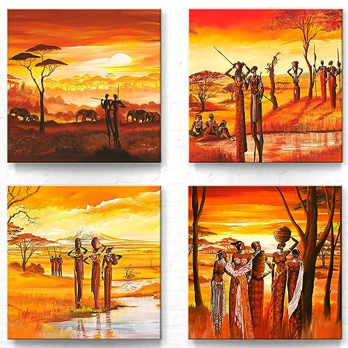 Mia Morro - Afrika - Dekorative Bilder für Wohnung und Büro als Leinwandbilder im 4er Set C - 40x40cm je Wandbild. Das Bilder-Set wird aufhängefertig an Sie versandt