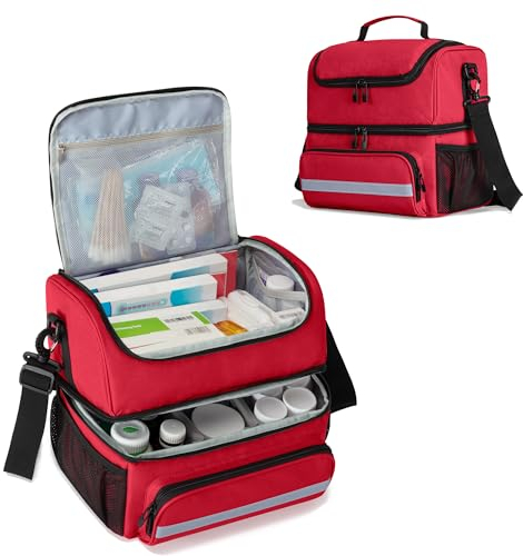 CURMIO Doppelschicht Medizinische Tasche, Tragbar Reiseapotheke, Notfalltasche für Medizinflasche, Vitamine, Medizinisches Zubehör (Leere Tasche), Rot