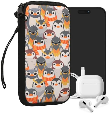 kwmobile Handytasche für Smartphones XL - 6,7/6,8 - Neopren Handy Tasche Hülle Cover Case Schutzhülle - Pinguine Grau Gelb Braun - 17,2 x 8,4 cm Innenmaße