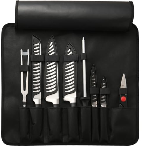 KATISUN Messer Set mit Messertasche 9-teilig, Professionelles Kochmesser mit Hohlgriff, Tragbare Wasserdichte Messerolltasche, Klingenschutz & Fleischgabel für Outdoor Camping Grillen