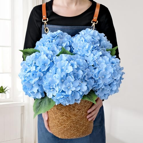 JINWOE Hortensias Artificiales de Flores Azules, 5 hortensias Artificiales de Seda realistas Grandes de 20 Pulgadas, Flores Falsas Completas para Ramo, centros de Mesa, Bodas, Interiores y hogar