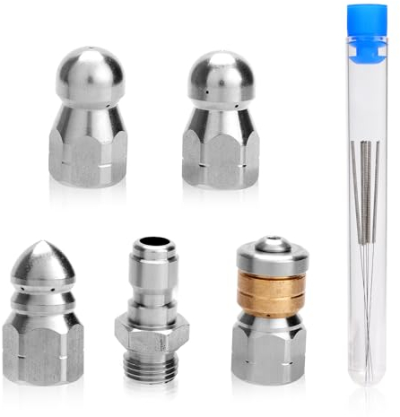 4pcs Sewer Jetter Nozzles with 1/4 NPT Quick Connector, Dowels and Pipe Sealant Tape Stainless Steel Sewer Cleaning Tool for High Pressure Washer Drain Cleaner Jetting Hose Spray Tips Kit, 5000 PSI