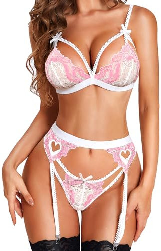 RSLOVE Lingerie pour Femmes avec jarretières en Dentelle - Ensemble Soutien-Gorge et Culotte à lanièresNoir et Blanc Rose XXL