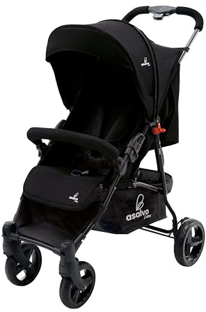 Asalvo Cadiz Ultraleichter Kinderwagen, Kinderwagen, verstellbare Rückenlehne, Stadtkinderwagen, 5-Punkt-Gurt, SPF50+, Verdeck mit Fenster, handlich, maximale Sicherheit, bis 17 kg, Schwarz