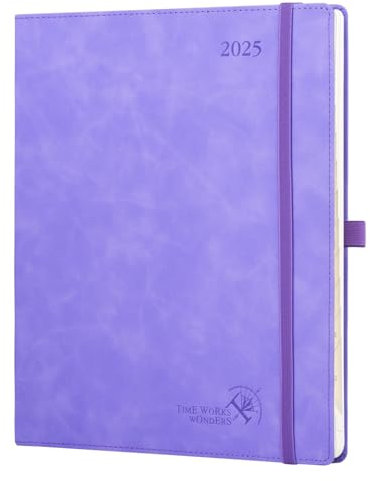 POPRUN Kalender 2025 Buchkalender Softcover mit PU-Leder, ca. A4 (26,5 x 21,5 cm) - Terminplaner, Wochenplaner Notizbuch (Jan.2025-Dez.2025) mit 100 GSM Papier - Flieder