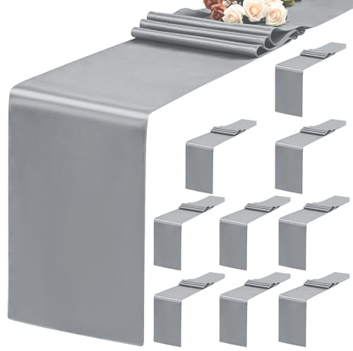 Teruntrue 10er-Pack graue Tischläufer, 30 x 183 cm, Satin-Tischläufer für rechteckige runde Tische, Grauer Tischläufer für Hochzeiten, Geburtstagsbankette, Verlobungen, Party-Dekoration