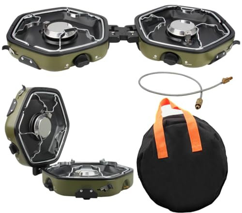 ANQIA Foldable Camping Stove Portable Propane Camp Stove for Camping, Backpacking With 17,000 BTU 2 Adjustable Burners Piezo Ignition for Outdoor BBQ (Green)