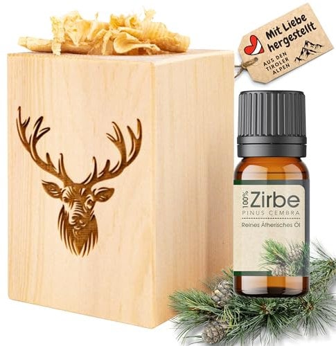 sagl.tirol® Zirbenholz Set mit Zirbenspäne und 10 ml Zirbenöl - Zirbelkiefer Öl – Zirbenduft und Deko aus Zirbelkiefer – Nachhaltige Zirbenholz Produkte, Zirbenwürfel, Raumduft Zirbe - Hirsch