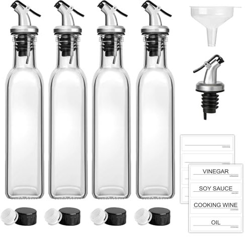 MIUSITE Glass Oil Dispensers Pack 4, Small Oil and Vinegar Dispenser Bottles with Auto-flip Top, Kitchen Decanter Cooking Drizzlers with Dripless Spouts, Funnel and Labels